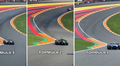 Videón az F1, F2 és F3 sebességkülönbsége az Eau Rouge-ban